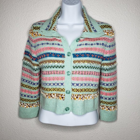 Free People Sz M Beaded Knit Wool Blend Fair Isle Buttoned Cardigan, Blue (792) - Picture 1 of 8